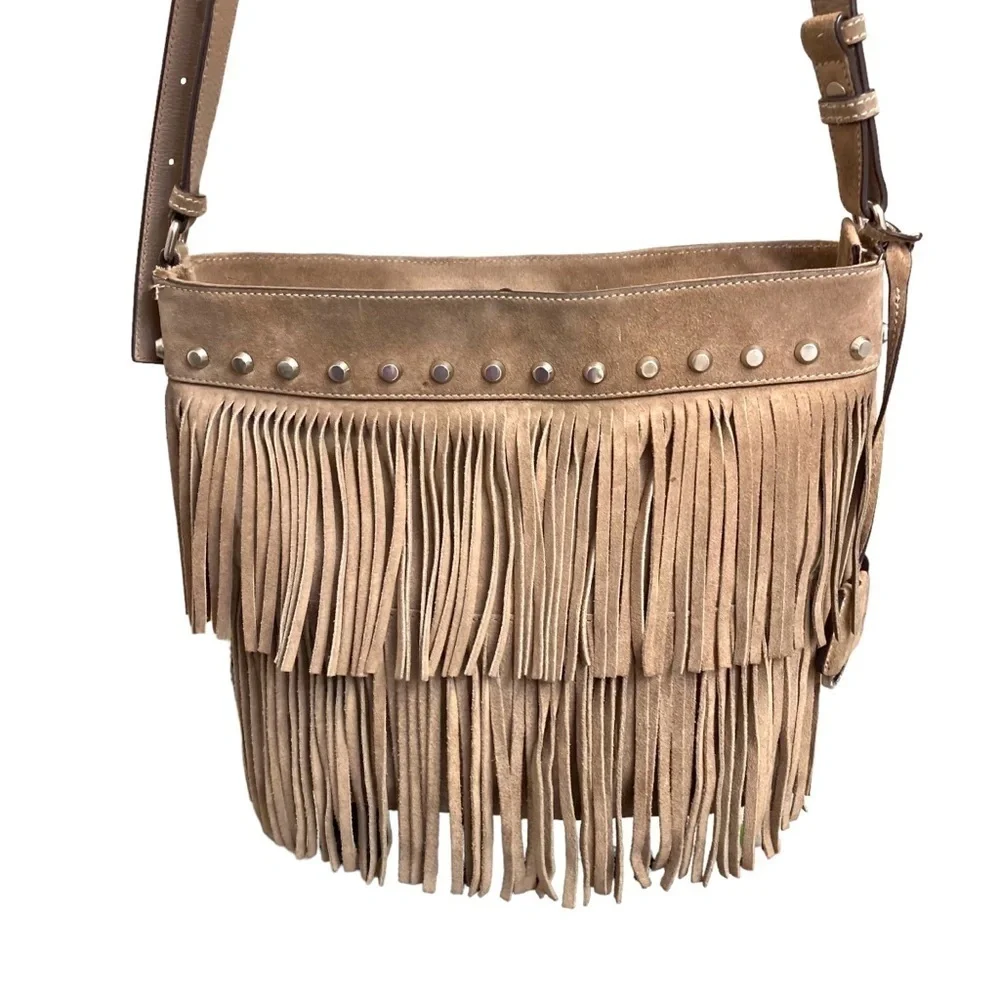 Michael Kors billy light brown suede fringed shoulder crossbody messenger bag